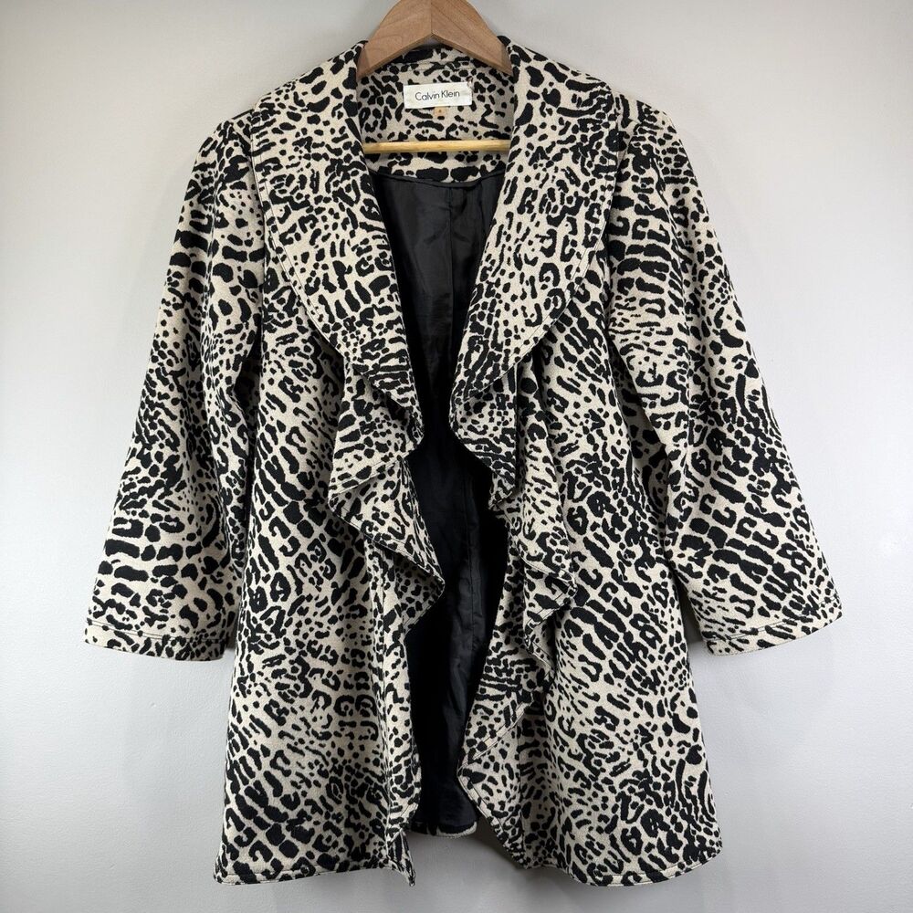 Calvin Klein Womens Size 8 Black Leopard Open Front Blazer Cardigan Sweater